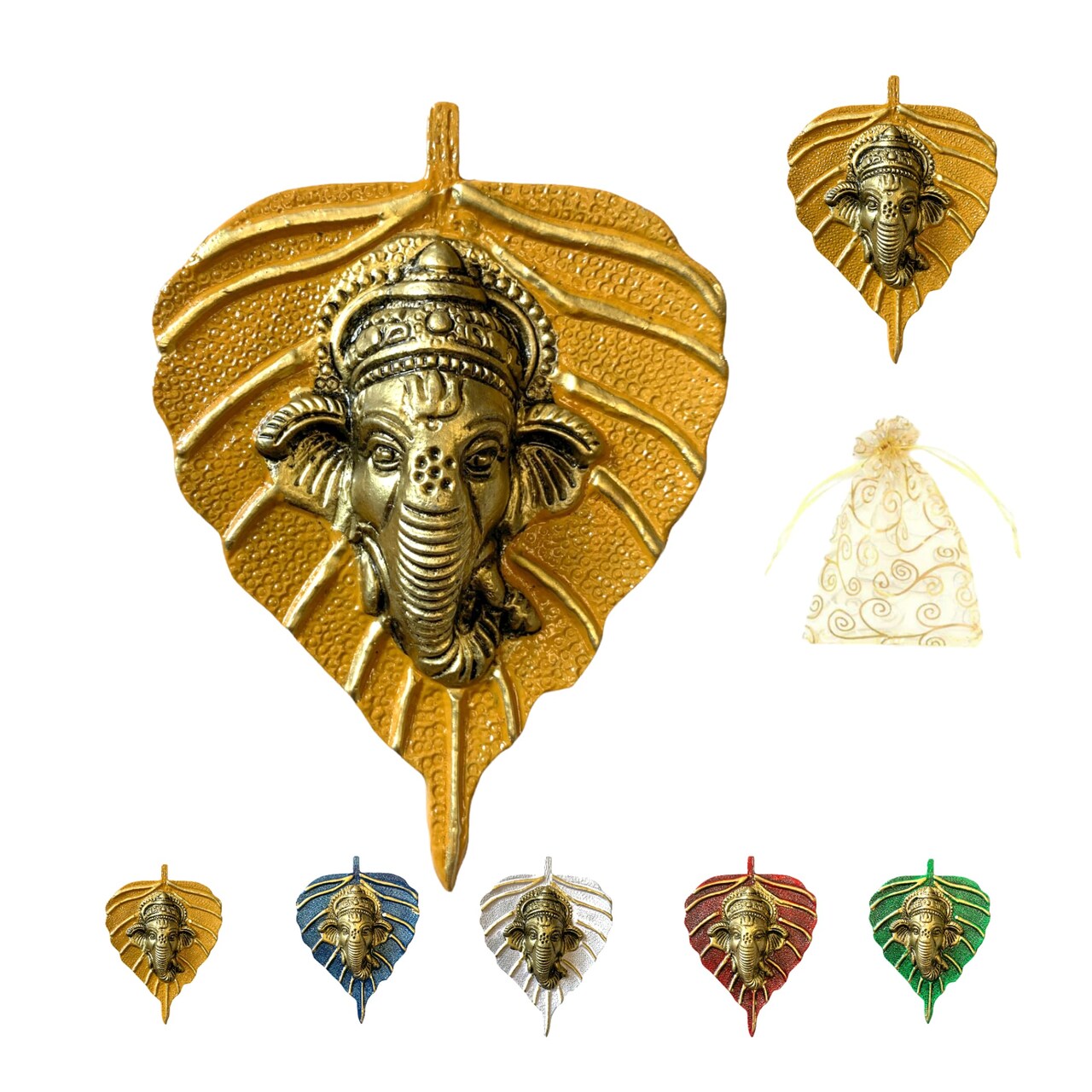Metal Leaf Ganesha Diwali Decor Wall Hanging for Home & Office Housewarming Return Gift Pooja Favor Ganesha Decorative Wall Hanging Showpiece Pack of 1/2/5/25 Pcs